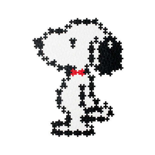 Peanuts-themed puzzle featuring a Snoopy logo made out of building blocks