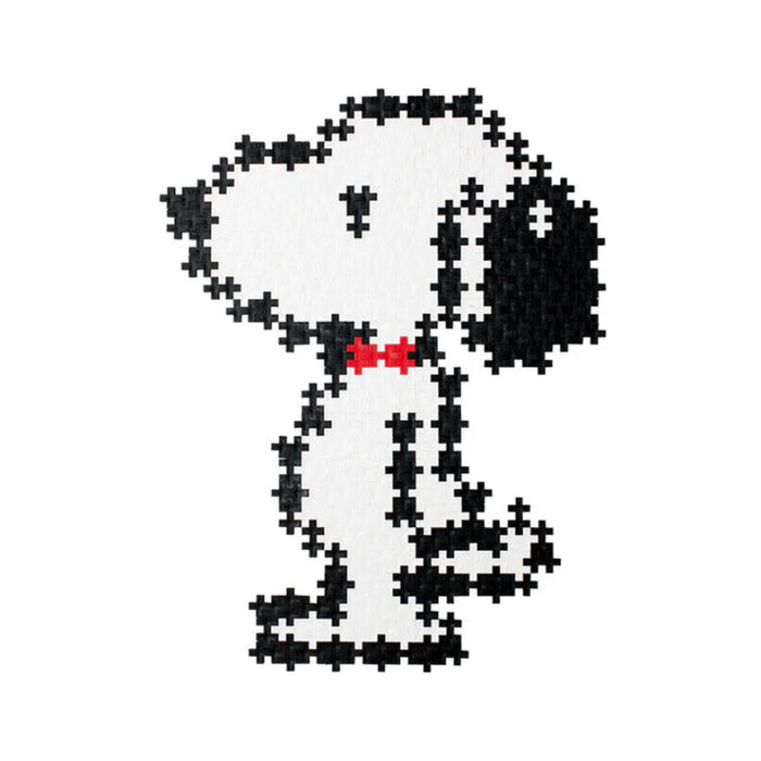 Peanuts-themed puzzle featuring a Snoopy logo made out of building blocks