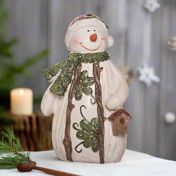 Wood Carved Snowman Birdhouse Figurine