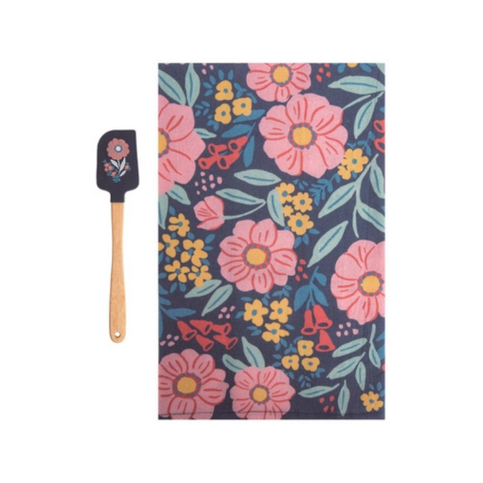 Dark Floral Spatula w/ Matching Tea Towel Set