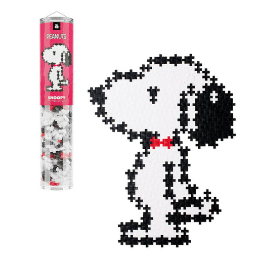 Peanuts-themed puzzle featuring a Snoopy logo made out of building blocks