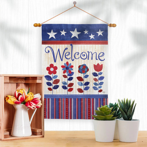 Welcome Patriotic Flowers Banner Flag