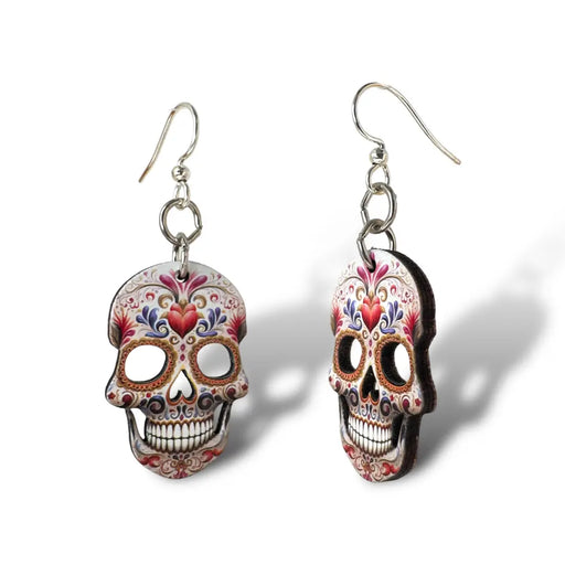 Sugar Skull Heart Wood Earrings