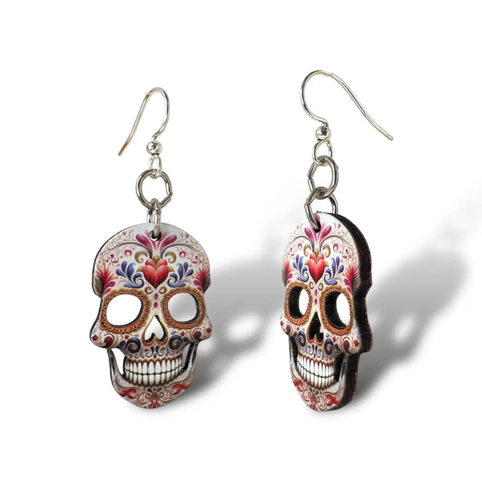 Sugar Skull Heart Wood Earrings