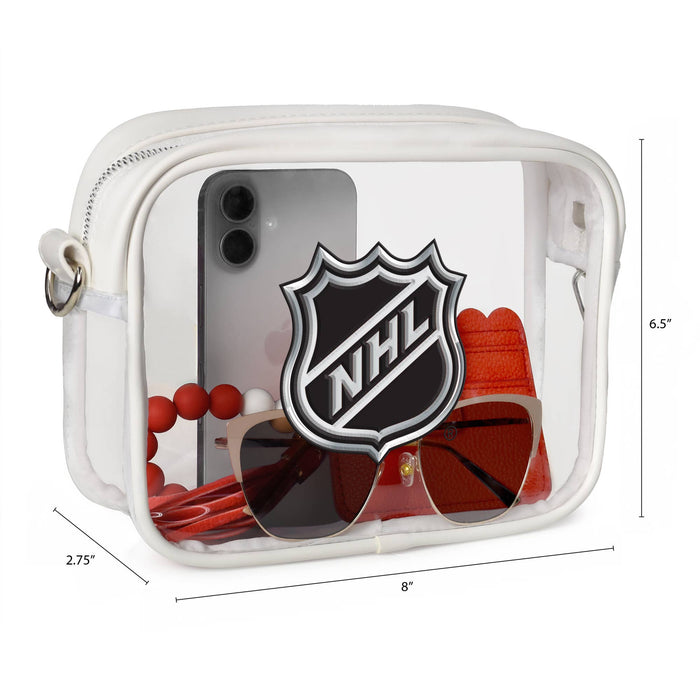Clear pouch with NHL logo containing sunglasses and a phone, with dimensions displayed.