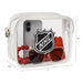 Clear pouch with NHL logo containing sunglasses and a phone, with dimensions displayed.