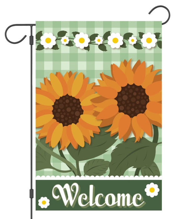 Welcome Sunflower Green Check Garden Flag