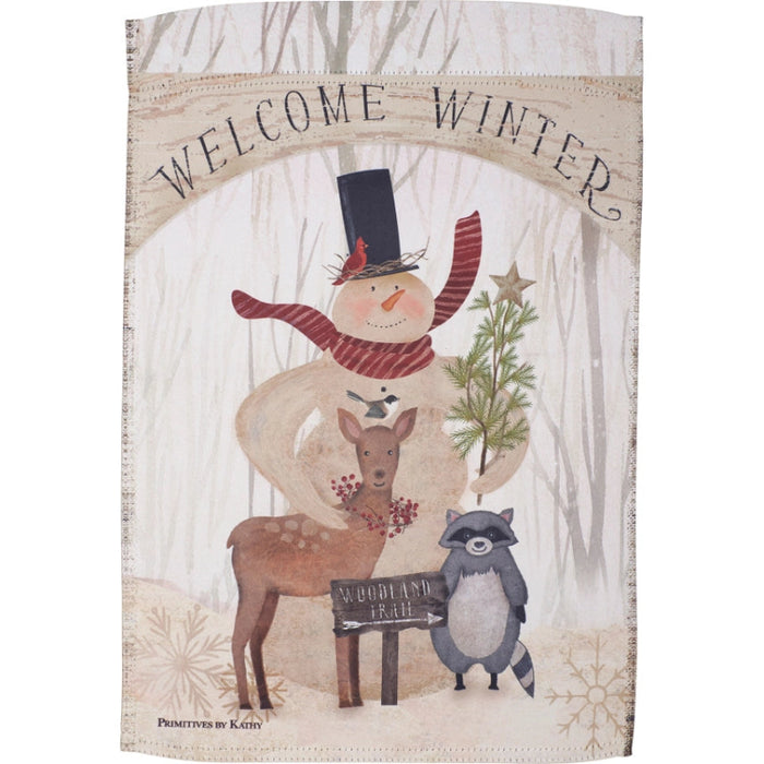 Decorative garden flag with winter-themed design featuring a snowman, deer, and raccoon with 'Welcome Winter' text.