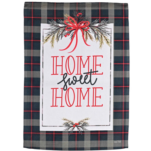 Decorative garden flag with 'Home Sweet Home' text and plaid border.