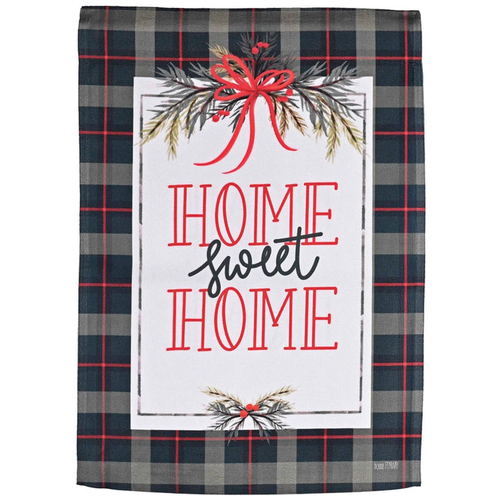 Decorative garden flag with 'Home Sweet Home' text and plaid border.