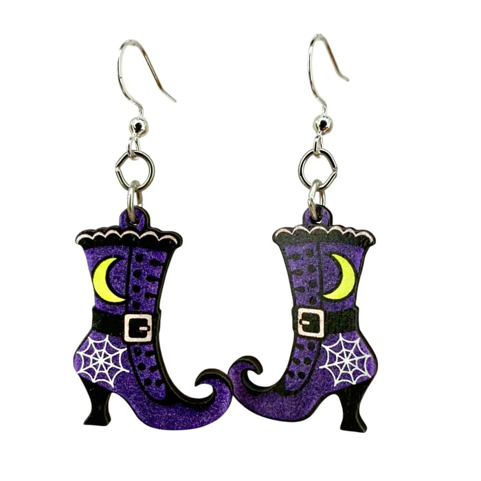 Purple Witch Boots Wood Earrings