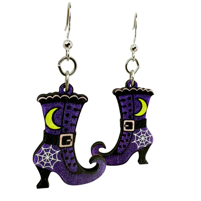 Purple Witch Boots Wood Earrings