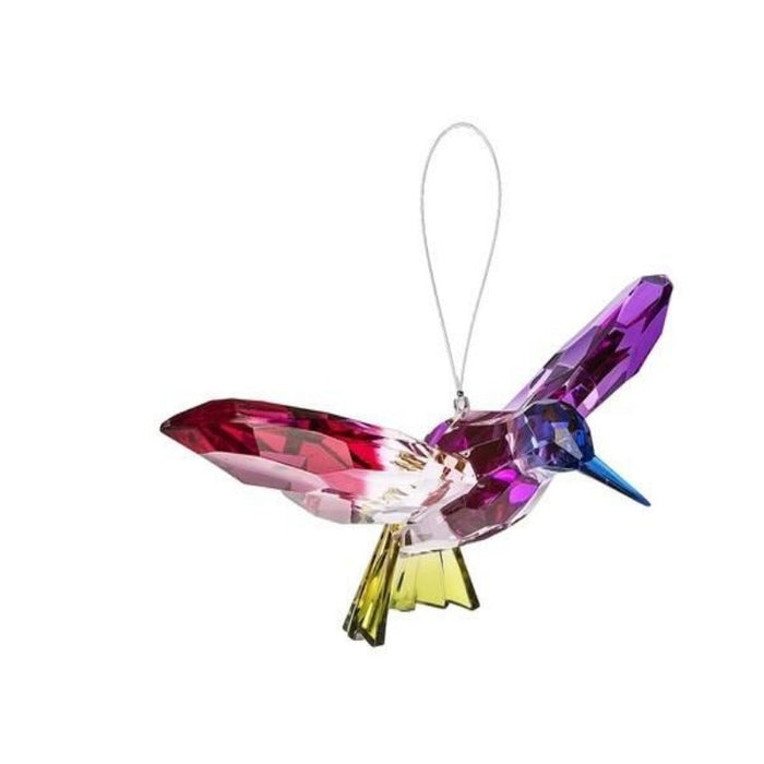 acrylic hummingbird on a string with a pink, purple, and green color scheme