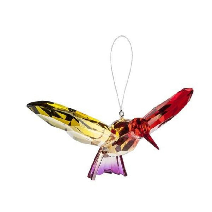 acrylic hummingbird on a string with a yellow, red, and purple color scheme
