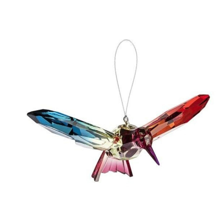acrylic hummingbird on a string with a blue, orange, and pink color scheme