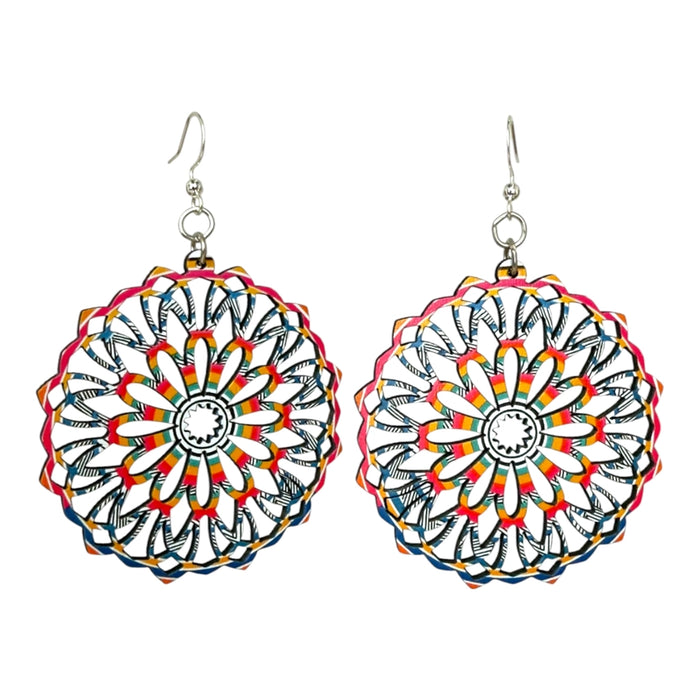Fiesta Mandala Wooden Earrings - Blue/Crimson