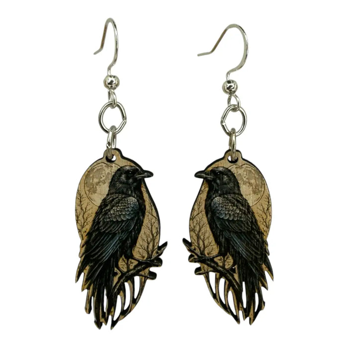 Raven Moon Boots Wood Earrings