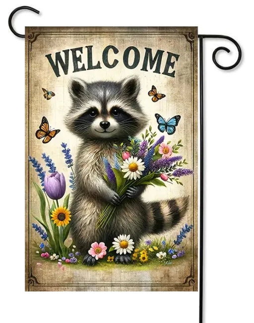 Raccoon Floral Welcome Garden Flag