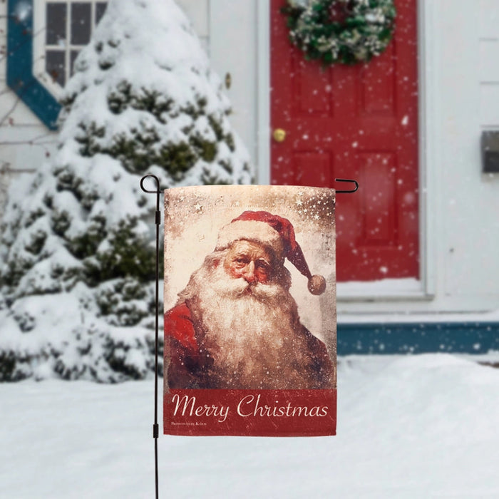 Garden flag with a vintage-style Santa Claus design and 'Merry Christmas' text.