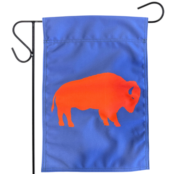 Blue garden flag with an red buffalo in the center of the flag