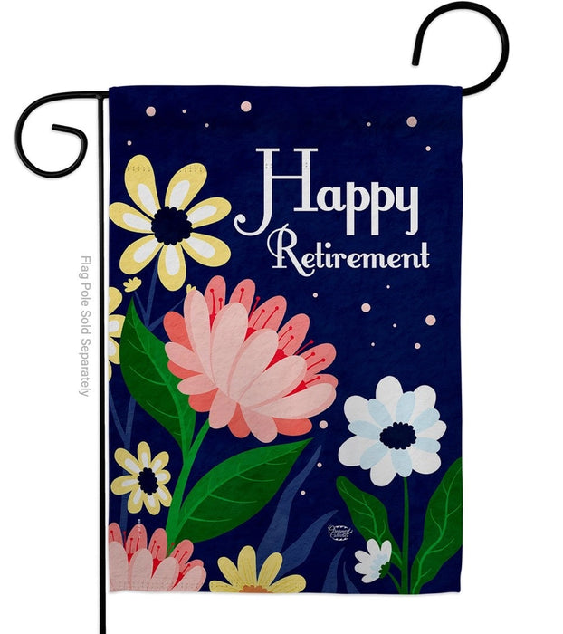 Decorative garden flag with colorful flowers and 'Happy Retirement' text on a dark blue background.