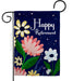 Decorative garden flag with colorful flowers and 'Happy Retirement' text on a dark blue background.