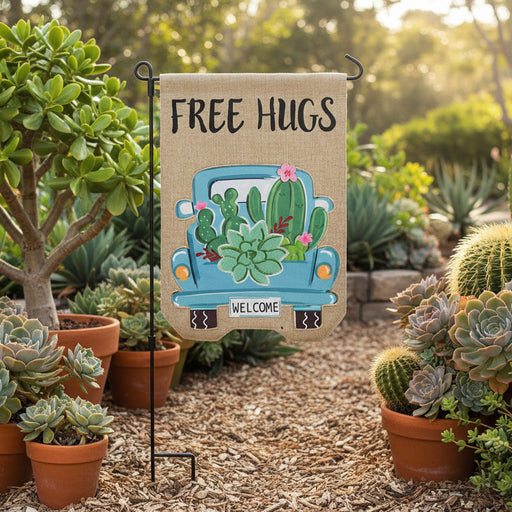 Free Hugs Cactus Burlap Garden Flag
