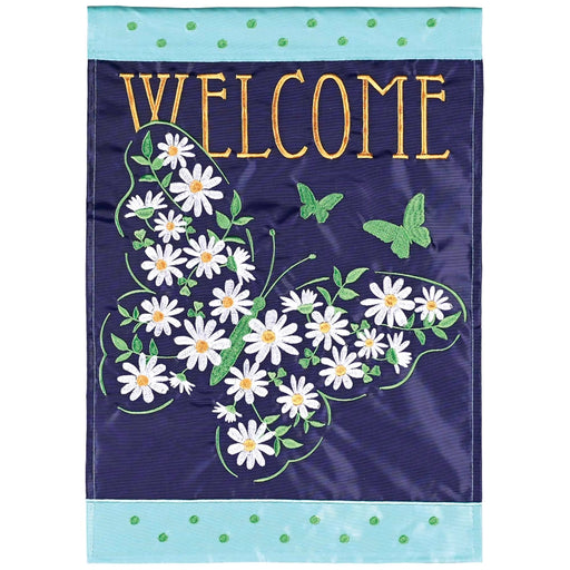 Welcome Floral Butterfly Applique Banner Flag