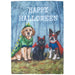 Decorative Halloween flag with dogs and a cat in costumes against a blue background.