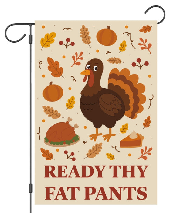 Decorative garden flag with a turkey and fall-themed elements on a beige background.