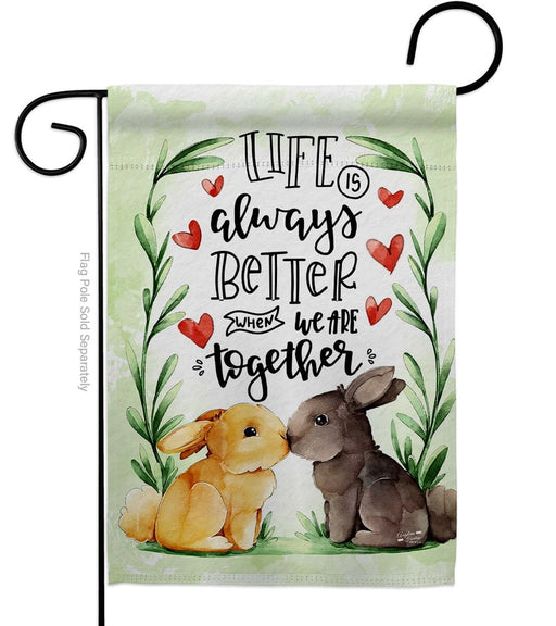 Decorative garden flag with two rabbits and a quote about life being better together with a watercolor background