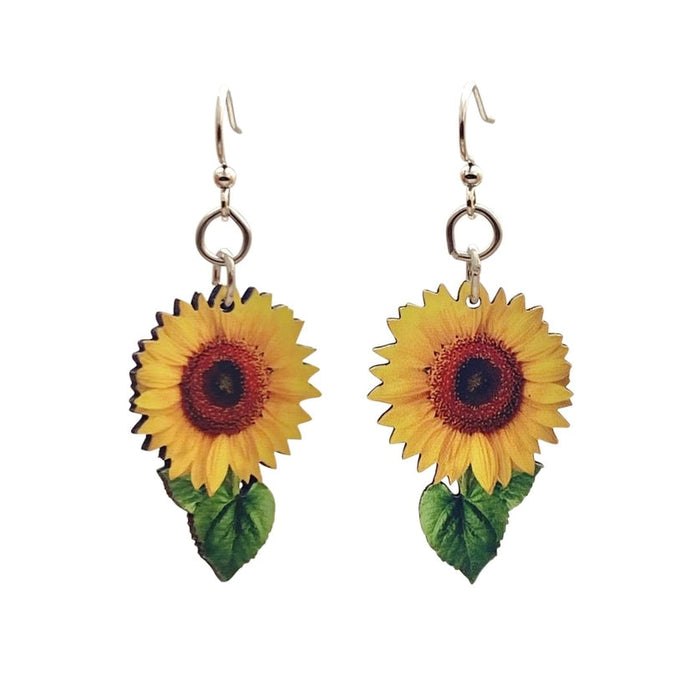 Vibrant Sunflower w/ Stem Wood Earrings