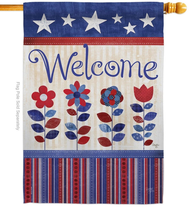 Welcome Patriotic Flowers Banner Flag