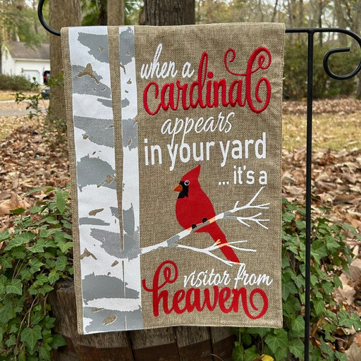 Cardinal Visitor On Birch Tree Burlap Garden Flag