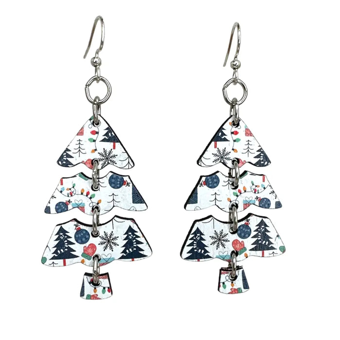 Patterned Christmas Tree Wood Earrings