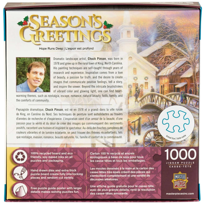 Jigsaw puzzle box with a winter village scene and 'Season's Greetings' text.