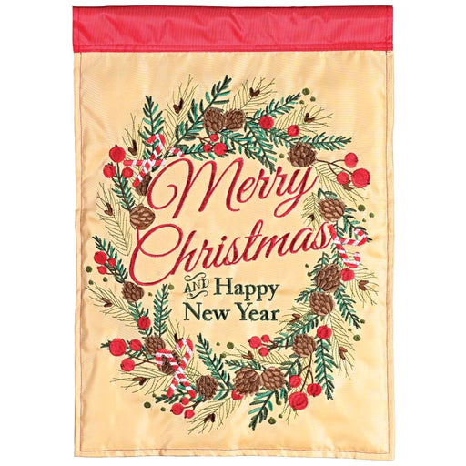 Christmas garden flag with wreath design and text on a beige background