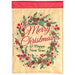 Christmas garden flag with wreath design and text on a beige background