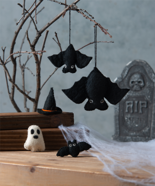 Handmade Felted Wool Bat Ornament Set