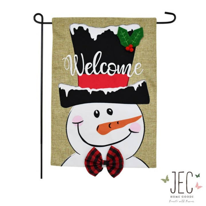 Snowman Top Hat Welcome Burlap Garden Flag