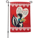 Valentine's Day-themed garden flag with cartoon skunk holding flowers and text on a red background with heart designs.