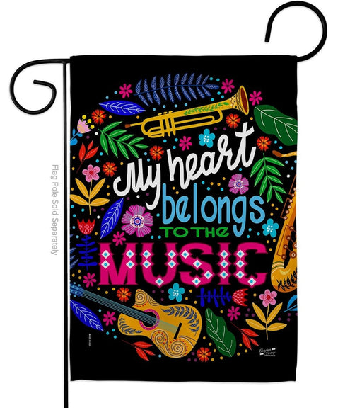 Decorative garden flag with musical instruments and colorful text on a black background