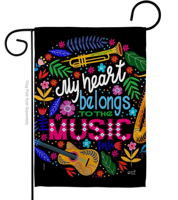 Decorative garden flag with musical instruments and colorful text on a black background