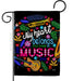 Decorative garden flag with musical instruments and colorful text on a black background