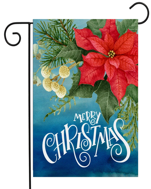 Merry Christmas Poinsettia Blue Garden Flag