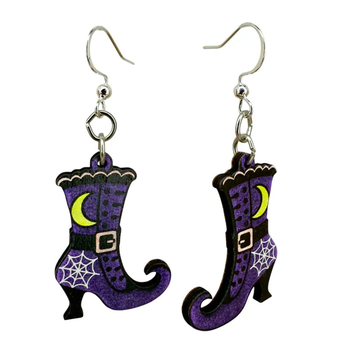 Purple Witch Boots Wood Earrings