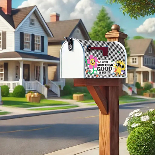 Decorative mailbox cover with a checkerboard pattern and cartoonish characters with text reading "I hope something good is inside"