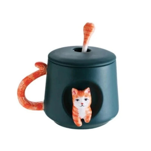 3D Orange Cat Ceramic Mug with Saucer & Spoon