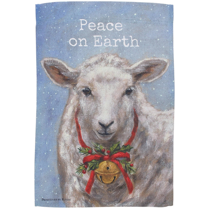 Decorative garden flag with a sheep wearing a Christmas wreath and bell, featuring the text 'Peace on Earth'.