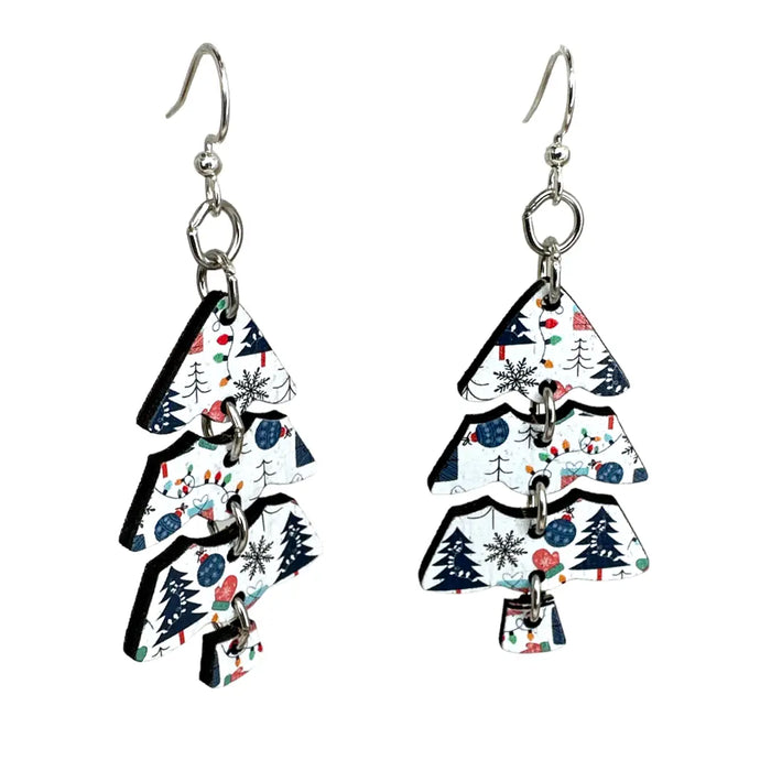 Patterned Christmas Tree Wood Earrings